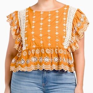 Jennifer & Grace Mango Embroidered Eyelet Peplum Top